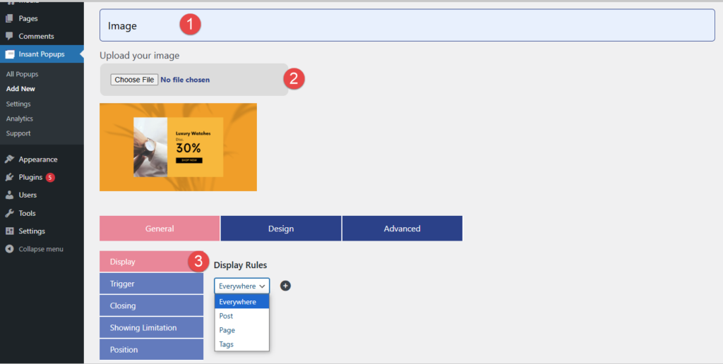 Customize display rule for Image popup using Instant Popup Builder in WordPress 