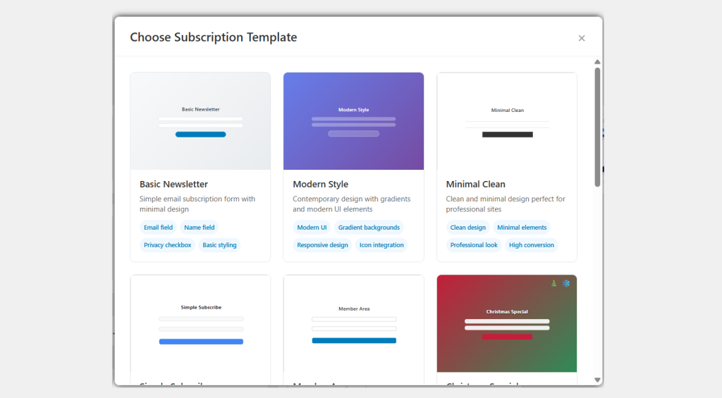 Subscription Popup - Choose Subscription Tempalte Page