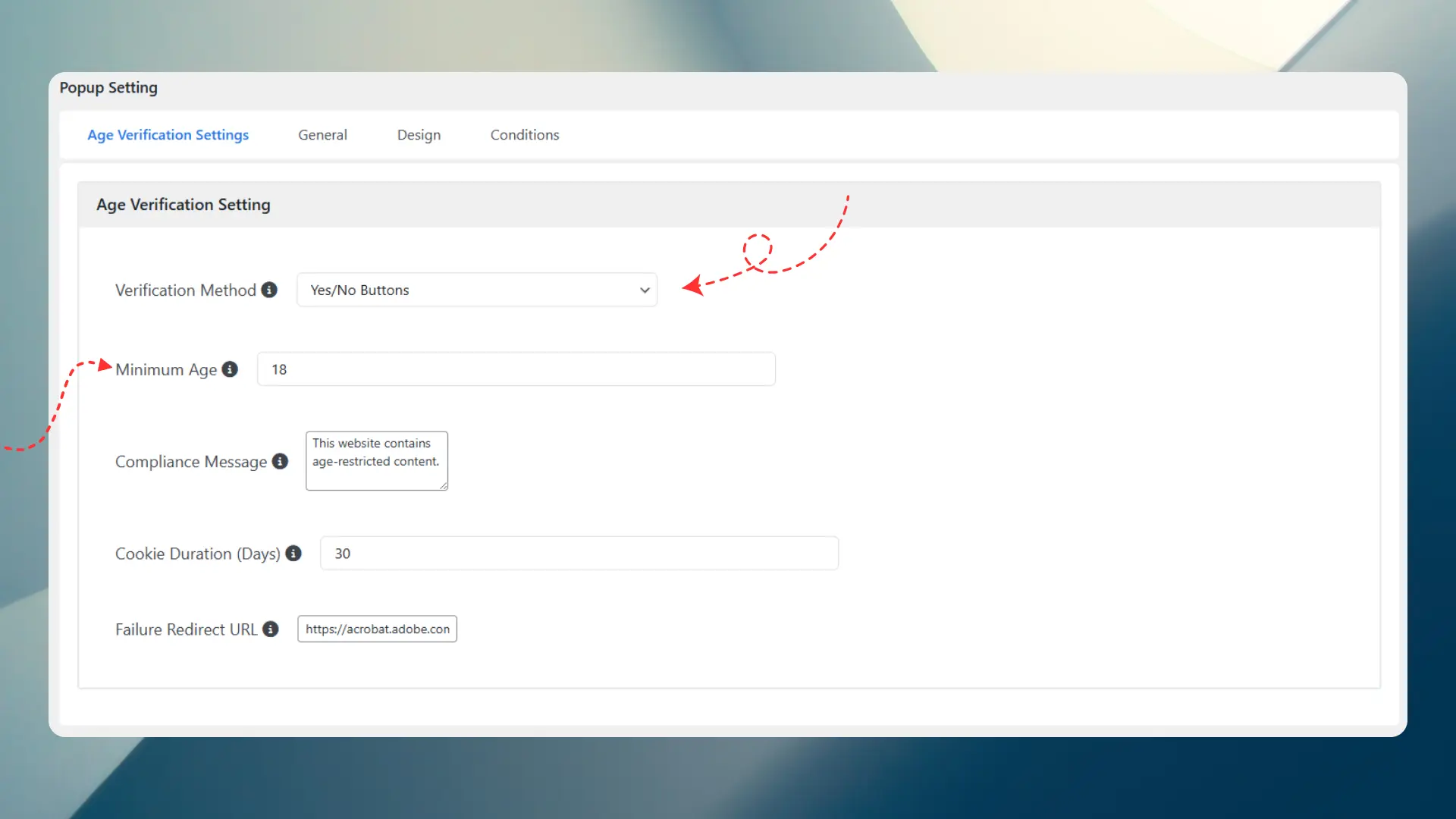 Age Verification Popup - Settings Page