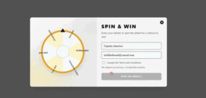 Spin-to-win popup with a prize wheel, name and email fields, terms checkbox, and spin button.